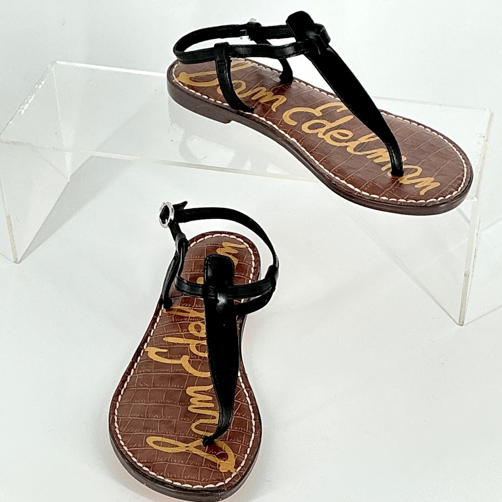 Sam Edelman Size 5.5 Black Leather T-Strap Thong Flat Sandals NEW Gigi $50 - Picture 2 of 12